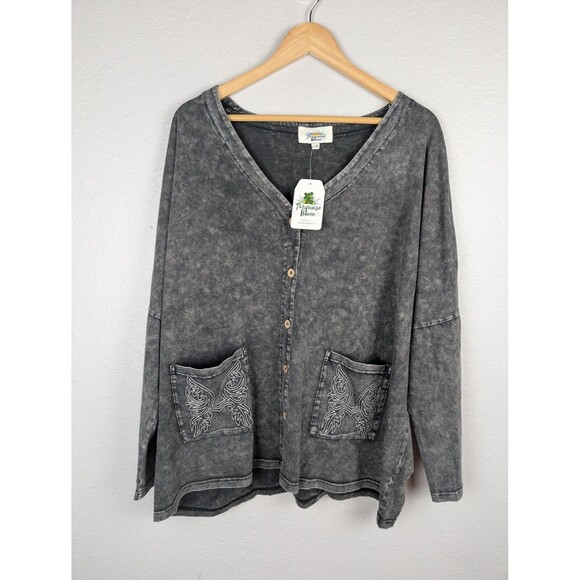 Turquoise Haven Shirt Womens L/XL Gray Button Front Angel Wings Embroidered Boho - Picture 1 of 6